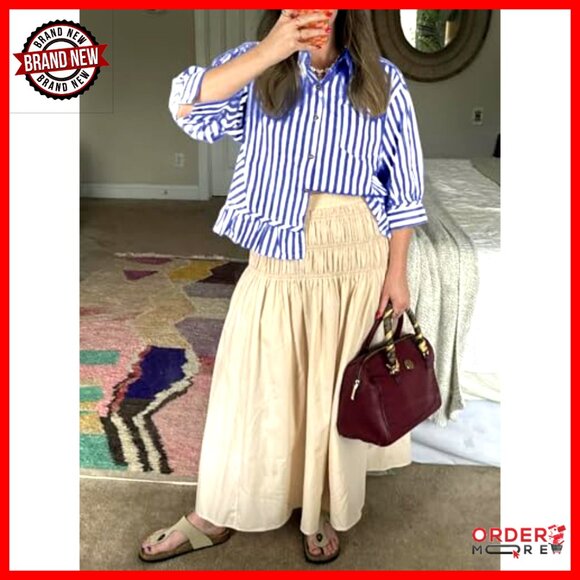 Cropped Striped Button Down Shirt with Ruffle Hem 3/4 Sleeve Blouse - Picture 3 of 7